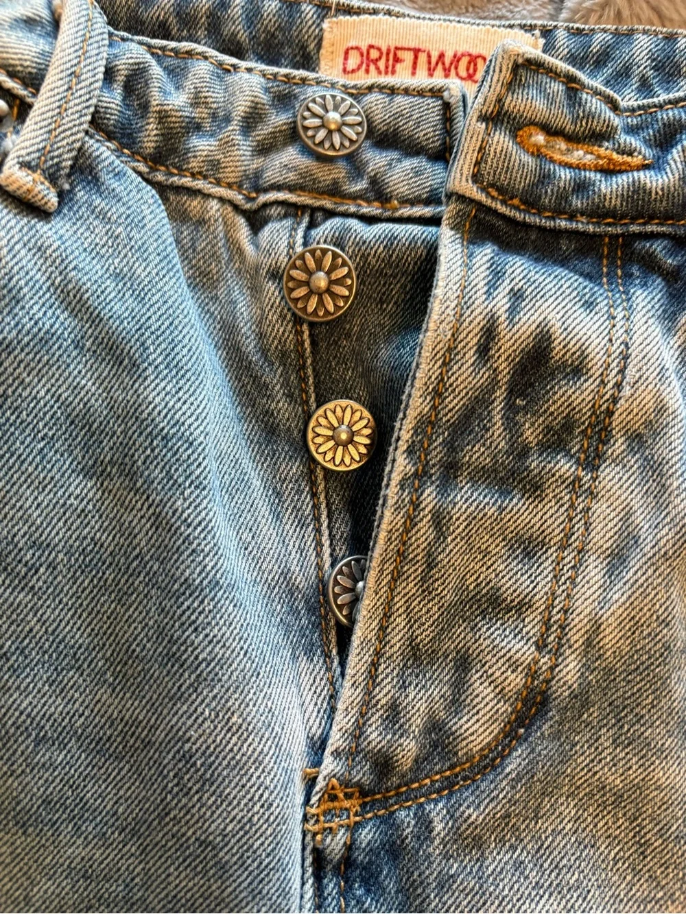 DRIFTWOOD faded blue button-front denim skirt